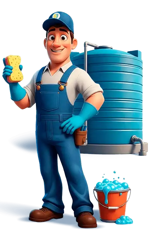 Ilustração de técnico de limpeza com esponja e luvas ao lado de uma caixa d'água e um balde de espuma